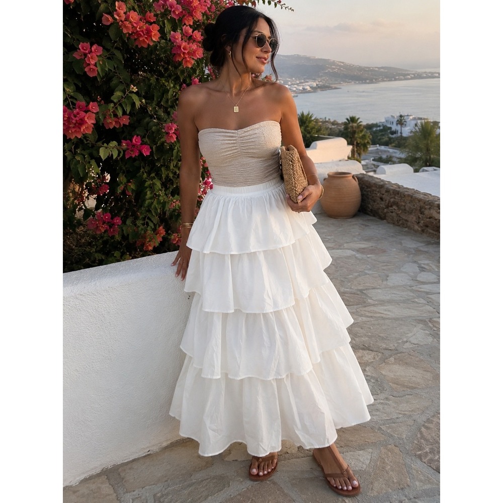 CAMI NYC Maxi Skirt Women XL White Tiered‎ Ruffle Cotton Maxi
